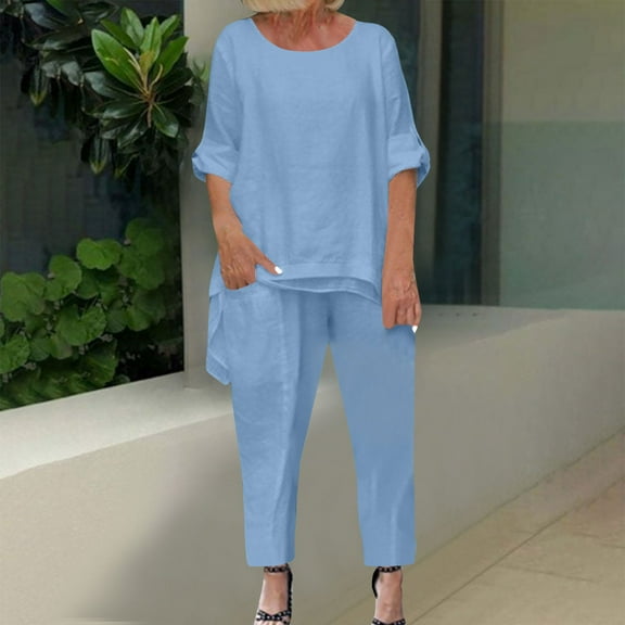 Homenesgenics 2 Piece Outfit for Women Plus Size Women's Solid Color Round Neck Short Sleeve and Pants Sets with Pockets Blue XXXL