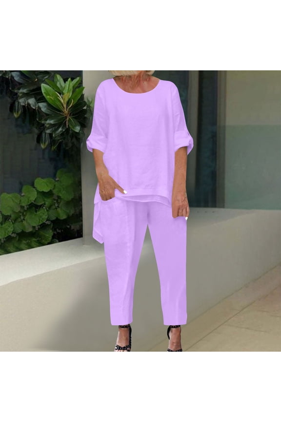 2 Piece Outfit for Women Plus Size Women's Solid Color Round Neck Short Sleeve and Pants Sets with Pockets Purple XL