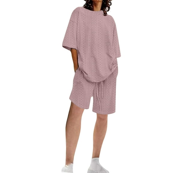 Homenesgenics 2 Piece Outfit for Women Plus Size Women's Summer Fashion Short Sleeved Solid Color Shorts Casual Two-piec Set Pink S