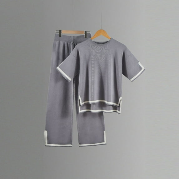 Homenesgenics 2 Piece Outfit for Women Plus Size Women's Summer Knitted Sweater Set Short Sleeve Pullover Wide Leg Pants Gray M