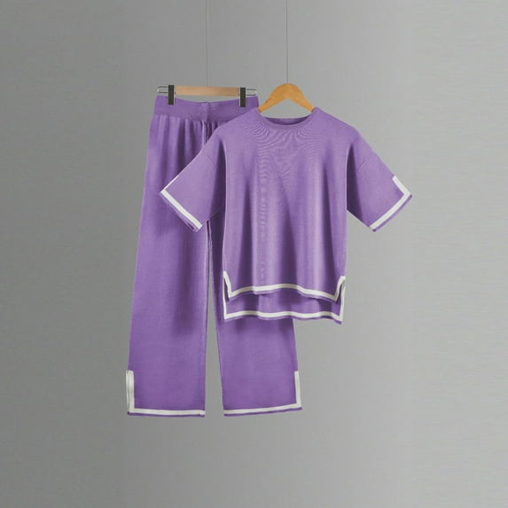 Homenesgenics 2 Piece Outfit for Women Plus Size Women's Summer Knitted Sweater Set Short Sleeve Pullover Wide Leg Pants Purple L