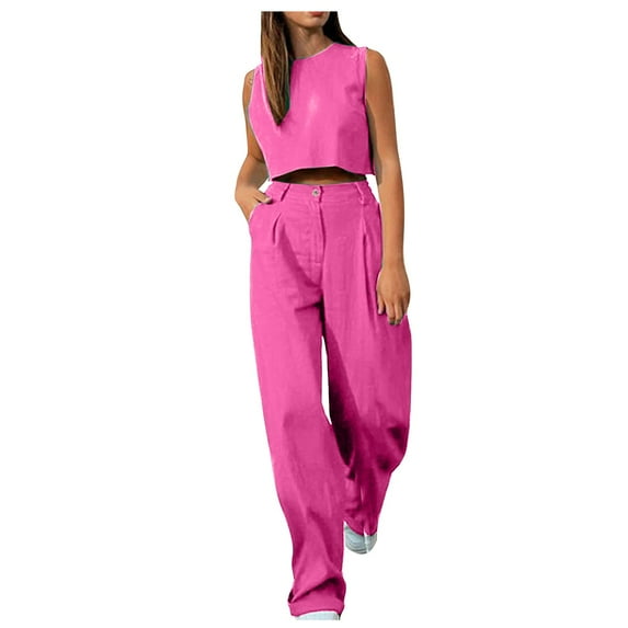 Homenesgenics 2 Piece Outfit for Women Plus Size Women's Summer Solid Color Sleeveless Vest Top Trousers Fashion Women's Two-Piece Set Pink M
