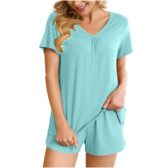 Homenesgenics 2 Piece Outfit for Women Shorts 2PC Women's V Neck Shorts Sleeve Two-piece Comfortable Home Pajamas Set Sports Set Blue L