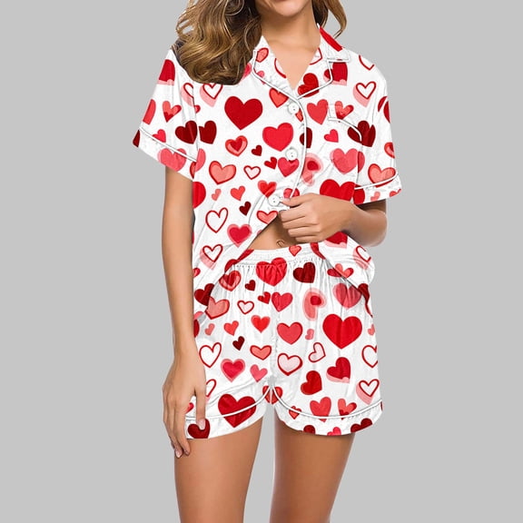 Homenesgenics 2 Piece Outfit for Women Shorts Ladies' Valentine's Day Love Printed Short Sleeved Top Shorts Casual Comfortable Pajama Set White M