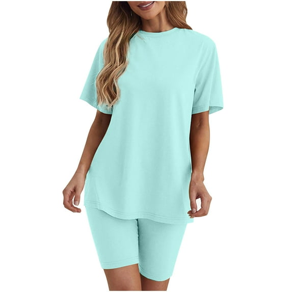 Homenesgenics 2 Piece Outfit for Women Shorts Women 2 Piece Outfit Set Short Sleeve Top Short Pants Homewear Solid Suit Green L