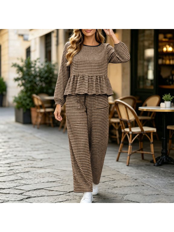 2 Piece Set Outfits for Women Fall Winter Long Sleeve Checkered Print Ruffled Hem Top with Stretch Waist Drawstring Pockets Matching Set