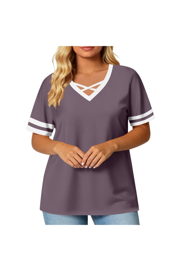2026 Trendy Loose-Fit Casual Color-Blocked V-Neck Cross-Front Stripe Plus-Size Short-Sleeve Top Brown XXL