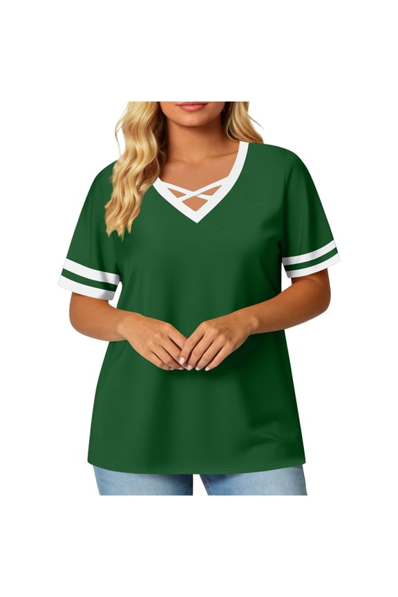2026 Trendy Loose-Fit Casual Color-Blocked V-Neck Cross-Front Stripe Plus-Size Short-Sleeve Top Green XXL