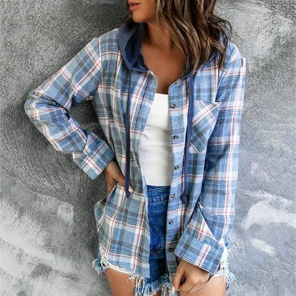 Homenesgenics 2Xl Womens Jacket Lightweight Women's Long Sleeve Plaid Hooded Drawstring Breasted Cardigan Tops Blue M