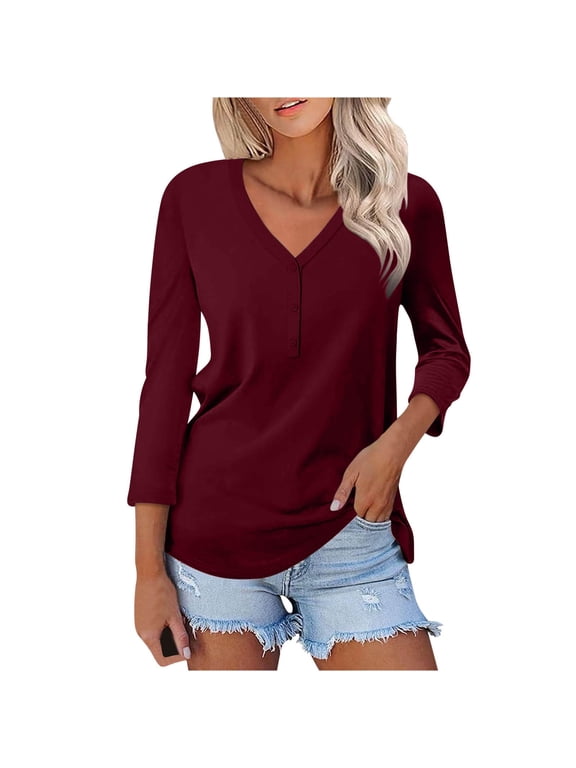 3/4 Sleeve T Shirts for Women Plus Size Women Fall Solid Color Skinny Bottom Shirt Solid Color V-Neck Seven Sleeve Top Red S
