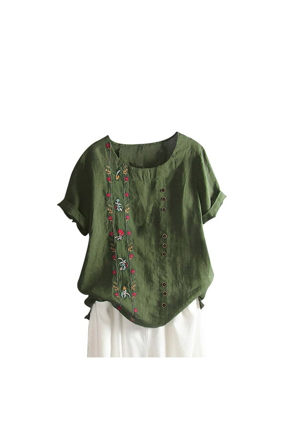 3X Scrub Womens Tops Women's Oversized Printed Button Cotton Linen Shirt Short Sleeved Top Green S-5XL