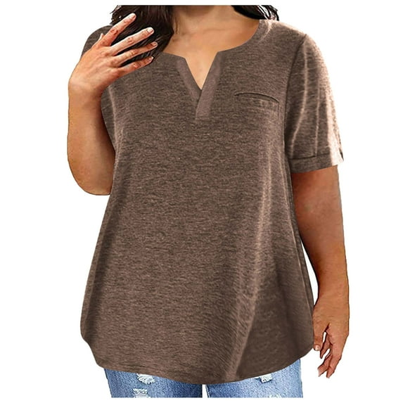Homenesgenics 3X Womens Tops Plus Size Tops for Women Sexy V-Neck Blouse Solid Casual Loose Summer Short Sleeve Blouse Brown L-5XL