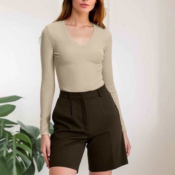Spring Tops for Women Base Layers for Women Fleece Women's Winter New Slim Fit V-neck Long Sleeved Undershirts For Women $5 Top Beige S