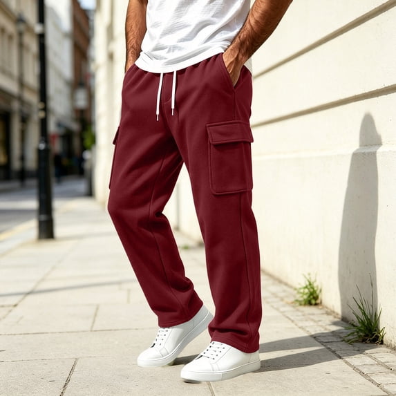 Homenesgenics Big and Tall Sweatpants Men with Pockets Open Bottom Elastic Waistband Drawstring Straight-Leg Work Trousers Red XXXL