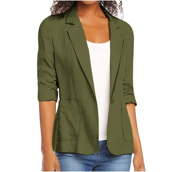 Homenesgenics Blazers for Women Business Casual 3/4-Sleeve Solid-Color Cotton-Linen Button-Up Blazer Green L