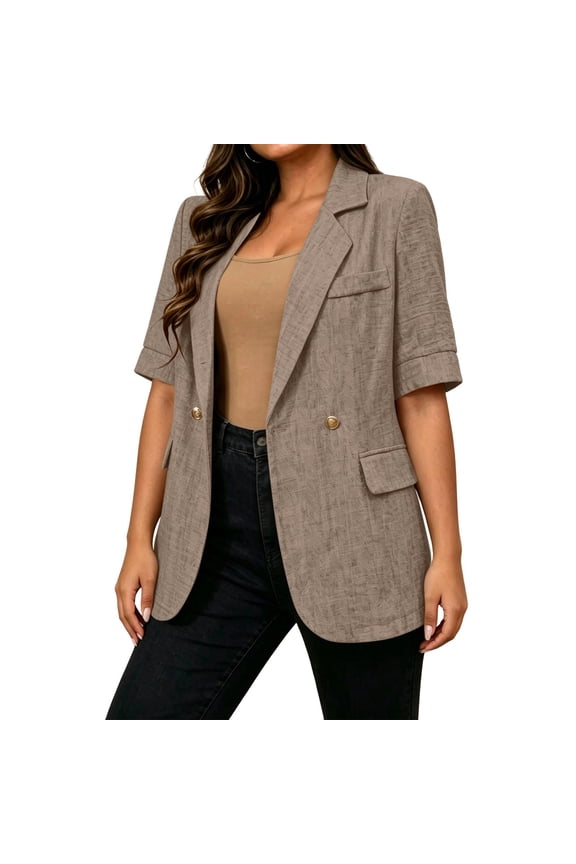 Blazers for Women Business Casual Solid-Color Short-Sleeve Blazer with Lapel, Pockets, and Fitted Fit Brown XXL