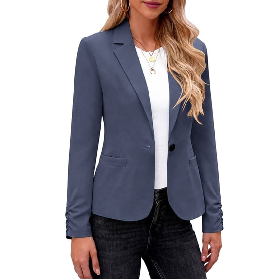 Homenesgenics Blazers for Women Plus Size Business Casual Solid-Color Long-Sleeve Button-Up Blazer Blue L