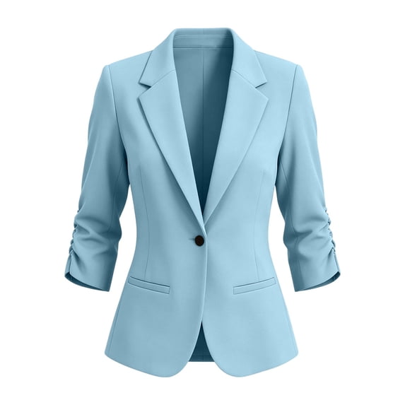 Homenesgenics Blazers for Women Plus Size Solid-Color 3/4-Sleeve Lapel Button-Up Pocket Business Casual Blazer Blue XXL