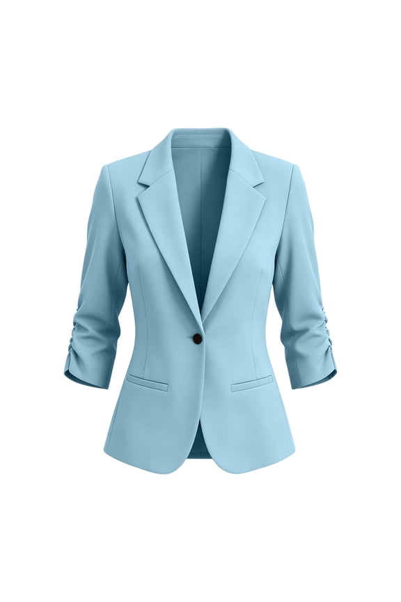 Blazers for Women Plus Size Solid-Color 3/4-Sleeve Lapel Button-Up Pocket Business Casual Blazer Blue XXL
