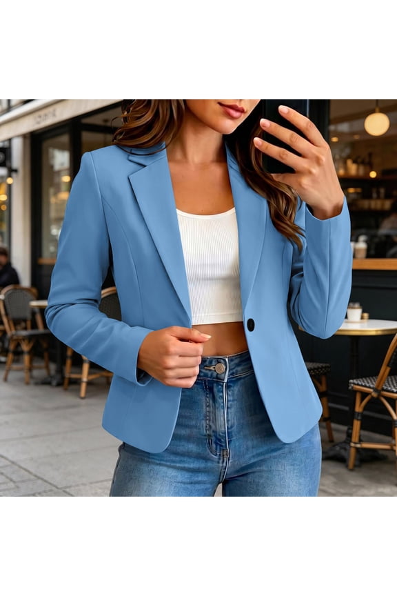 Blazers for Women Plus Size Solid-Color Blazer Jacket, Business-Casual Style, Long-Sleeve, Lapel, with Pockets Blue S