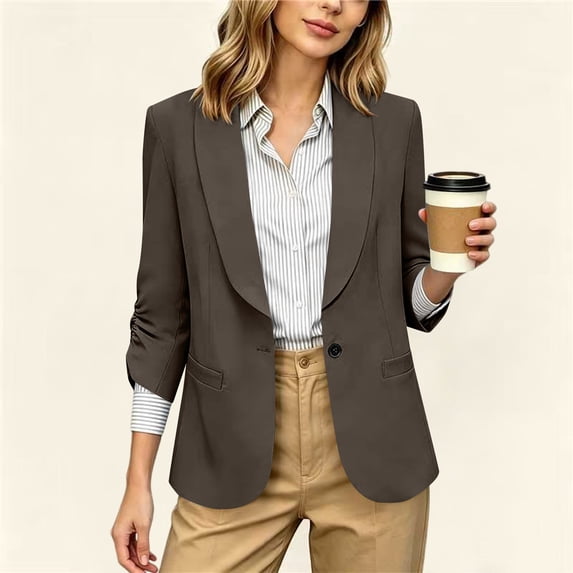 Homenesgenics Blazers for Women Plus Size Solid-Color Business-Casual 3/4-Sleeve Lapel Open-Front Blazer with Pockets Brown XL