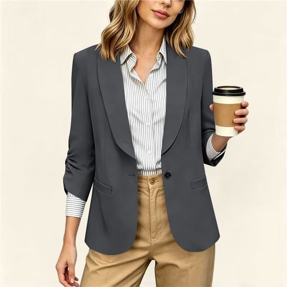 Homenesgenics Blazers for Women Plus Size Solid-Color Business-Casual 3/4-Sleeve Lapel Open-Front Blazer with Pockets Gray XXL
