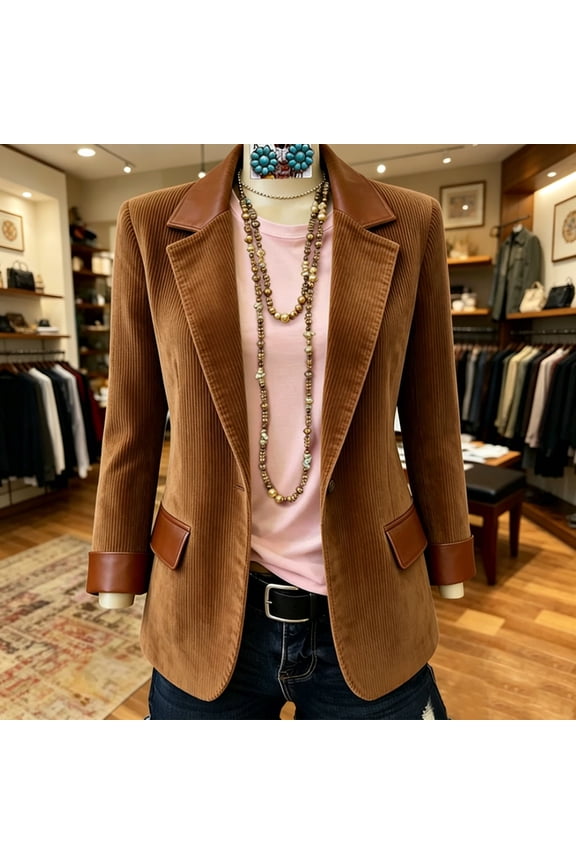Blazers for Women Plus Size Spring/Fall Business Casual Pocket Top Long-Sleeve Corduroy Blazer Brown XXL