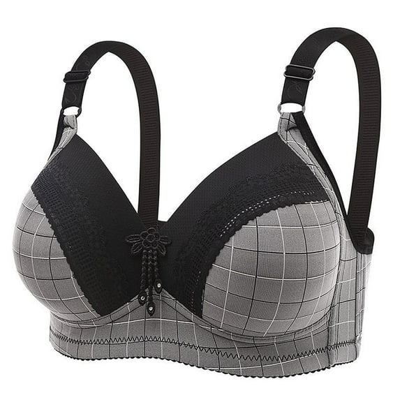 Homenesgenics Bras for Women Sports Bra Women Plus Size Lace Stitching Plaid Printing Non-Steel Ring Non-Magnetic Buckle Underwear Bra Black L