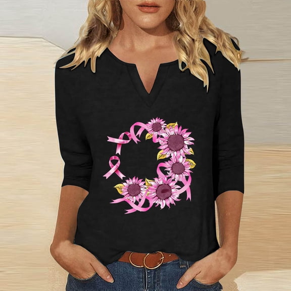 Homenesgenics Breast Cancer Awareness Shirts Plus Size for Women and Men Fashion Women's Casual Loose Blouses Printed T-Shirt 3/4 Sleeved-Neck Tops Black M