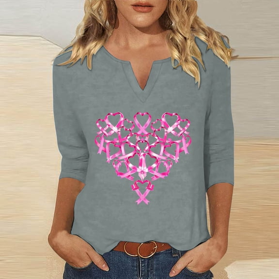 Homenesgenics Breast Cancer Awareness Shirts Plus Size for Women and Men Fashion Women's Casual Loose Blouses Printed T-Shirt 3/4 Sleeved-Neck Tops Gray S