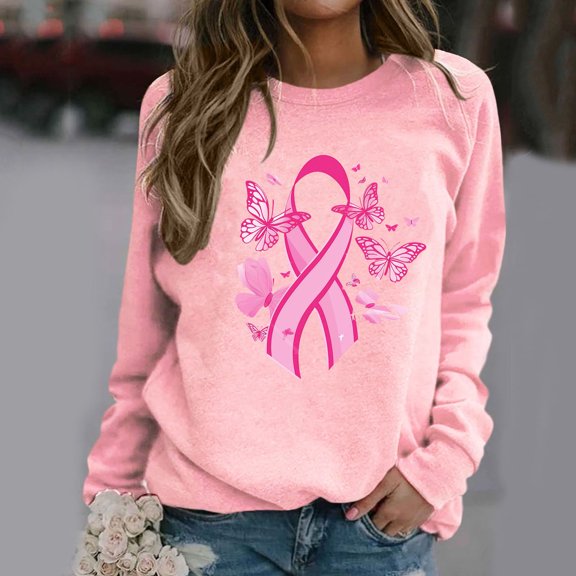 Homenesgenics Breast Cancer Awareness Shirts Plus Size for Women and Men Women Fashion Casual Print Round Neck Loose Long Sleeve T-Shirt Blouse Sweatshirts Pink L