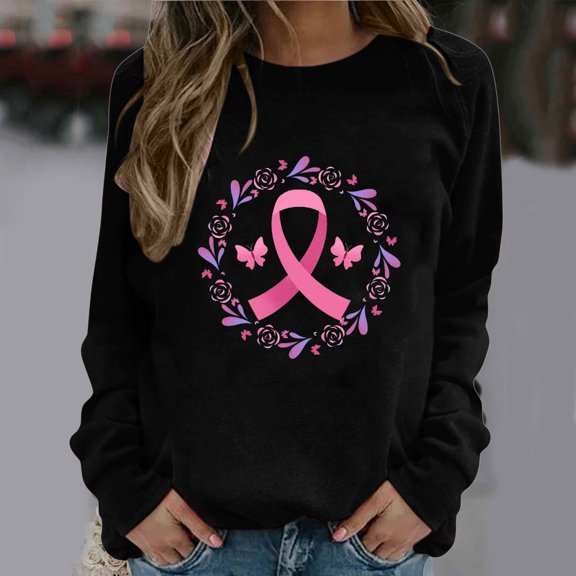 Homenesgenics Breast Cancer Awareness Shirts Plus Size for Women and Men Women Fashion Casual Print Round Neck Loose Long Sleeve T-Shirt Tops Blouse Hoodless Sweatshirts Black XL