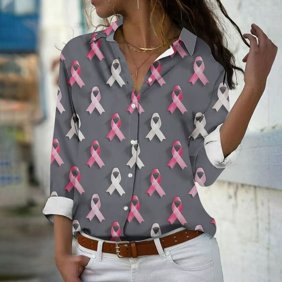 Homenesgenics Breast Cancer Awareness Shirts Plus Size for Women and Men Women's Long Sleeved Regular Casual orange Series Printed Lapel Button Up Shirt Gray XXXL