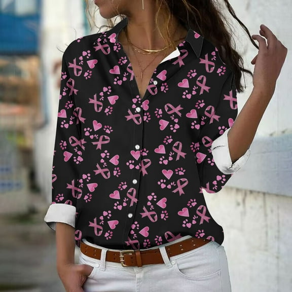 Homenesgenics Breast Cancer Awareness Shirts Plus Size for Women and Men Women's Long Sleeved Regular Casual orange Series Printed Lapel Button Up Shirt Pink L