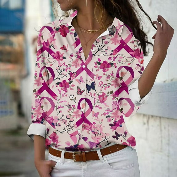 Homenesgenics Breast Cancer Awareness Shirts Plus Size for Women and Men Women's Long Sleeved Regular Casual orange Series Printed Lapel Button Up Shirt Pink L