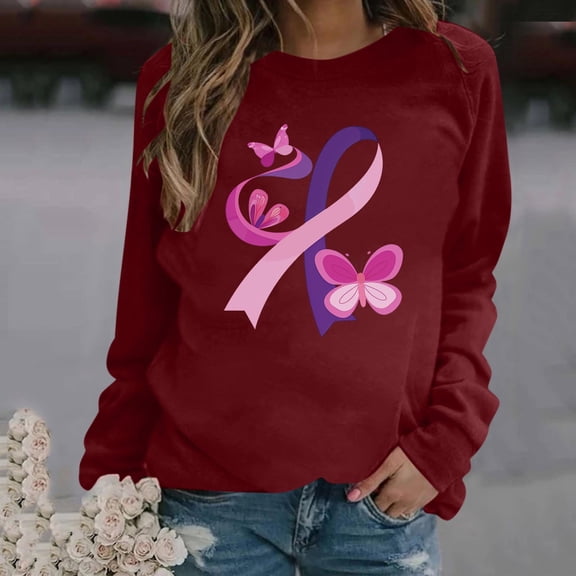 Homenesgenics Breast Cancer Awareness Shirts Plus Size for Women and Men Women's Winter Casual Hooded Long Sleeved Round Neck Printed Pullover Tops Sweatshirt Red S