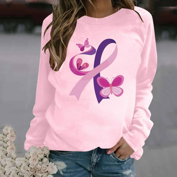Homenesgenics Breast Cancer Awareness Shirts Plus Size for Women and Men Women's Winter Casual Hooded Long Sleeved Round Neck Printed Pullover Tops Sweatshirt Pink XXL
