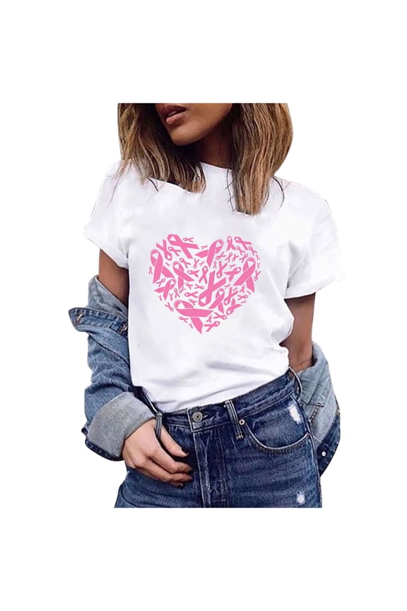 Breast Cancer Ribbon Shirts Women's Breast Cancer Printed Short Sleeved Women's Round Neck Loose T-Shirt Short Sleeved Round Neck Shirt Pink M