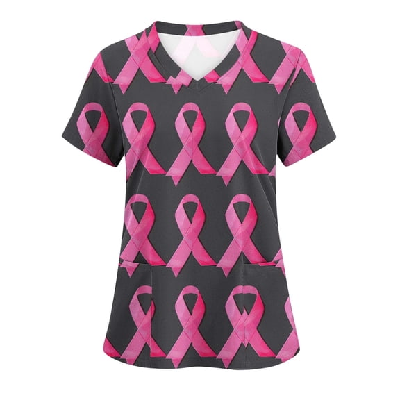 Homenesgenics Breast Cancer Ribbon Shirts Women's Breast Cancer V-Neck Short Sleeve Scrub Tops Nursing Tops with Pockets Multicolor L