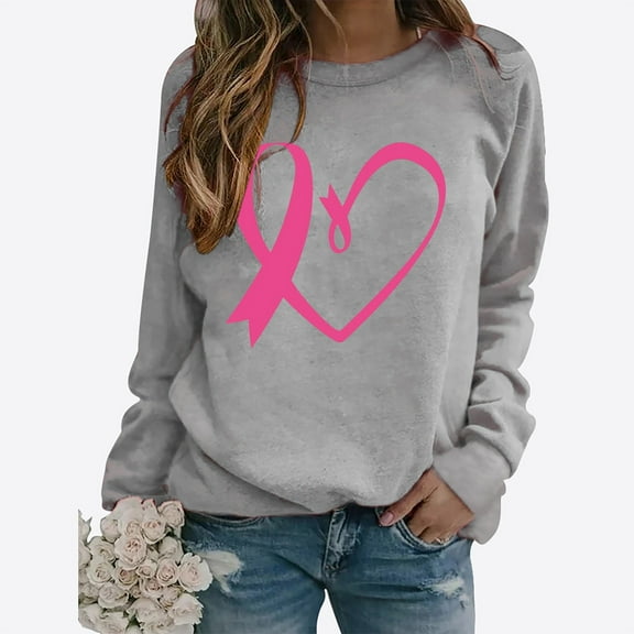 Homenesgenics Breast Cancer Ribbon Shirts Women's Casual Solid Color Breast Cancer Long Sleeve Round Neck Sweatshirts Gray XXL