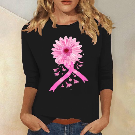 Homenesgenics Breast Cancer Ribbon Shirts Women's Loose Casual Breast Cancer Printed Round Neck 3/4 Sleeve 3/4 Sleeve T-Shirt Tops Black S