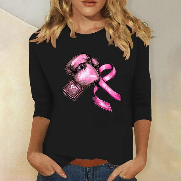 Homenesgenics Breast Cancer Ribbon Shirts Women's Loose Casual Breast Cancer Printed Round Neck 3/4 Sleeve 3/4 Sleeve T-Shirt Tops Black XXL