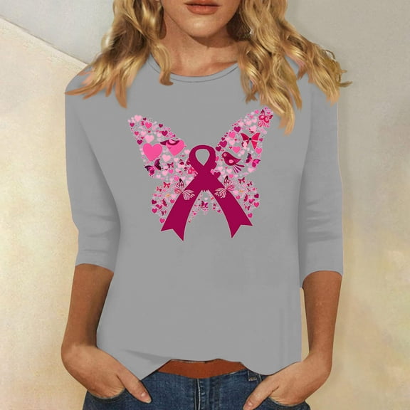 Homenesgenics Breast Cancer Ribbon Shirts Women's Loose Casual Breast Cancer Printed Round Neck 3/4 Sleeve 3/4 Sleeve T-Shirt Tops Gray L