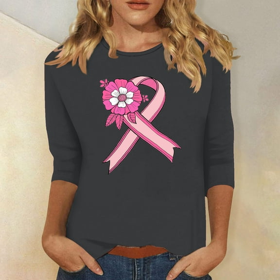 Homenesgenics Breast Cancer Ribbon Shirts Women's Loose Casual Breast Cancer Printed Round Neck 3/4 Sleeve 3/4 Sleeve T-Shirt Tops Gray M