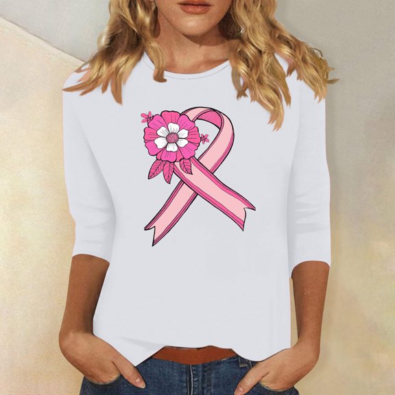 Homenesgenics Breast Cancer Ribbon Shirts Women's Loose Casual Breast Cancer Printed Round Neck 3/4 Sleeve 3/4 Sleeve T-Shirt Tops White XXXL