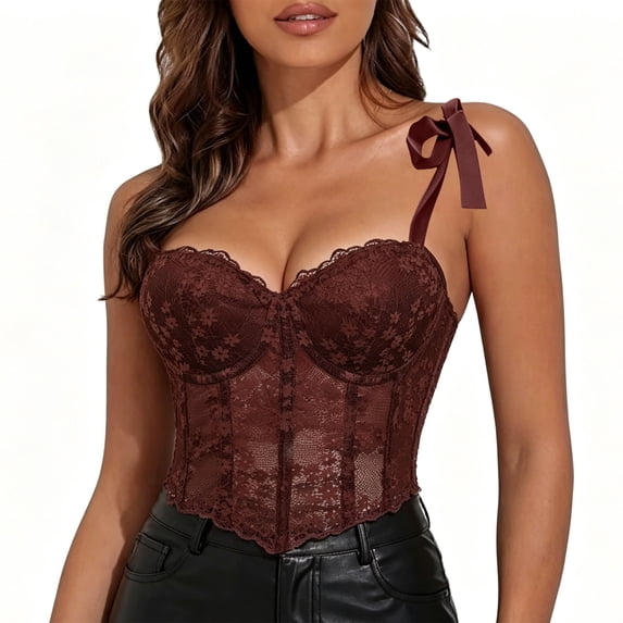 Homenesgenics Bustier for Women Lace-Tied Sheer Underwire Boned Padded Corset Brown L