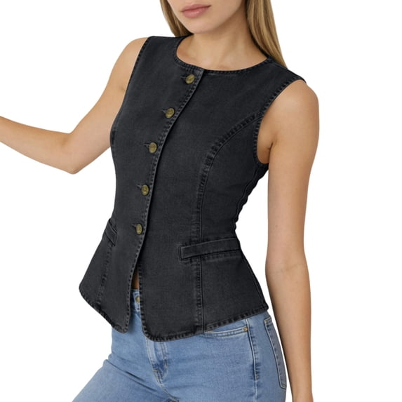 Homenesgenics Button-Front Sleeveless Vest Sleeveless Hoodless