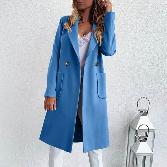 Homenesgenics Camel Coat for Women Women's and Winter Solid Color Medium Long Cardigan Button Coat Tops Blue M