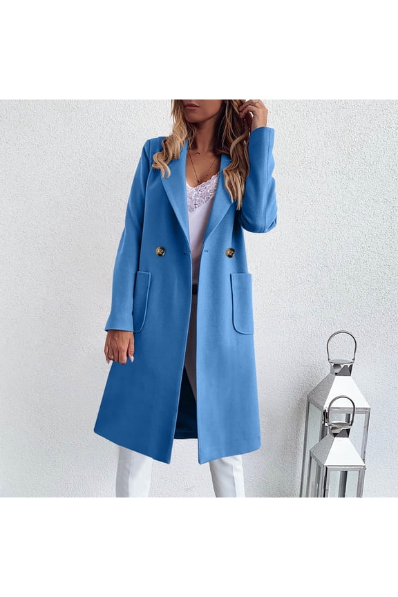 Camel Coat for Women Women's and Winter Solid Color Medium Long Cardigan Button Coat Tops Blue XXL