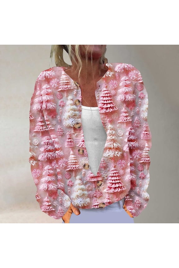 Cardigans for Women Plus Sizes Women's Cardigan Long Sleeve Christmas Knit Sweaters Solid Color Casual Jacket Pink S